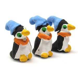 Handmade Penguin Miniature Clay Figurines Set of 3